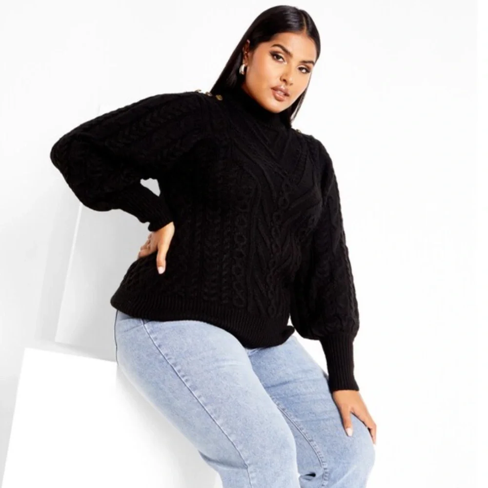 NEW| Women’s City Chic Saskia Soft Long Sleeve Cozy Sweater In Black - Picture 5 of 6